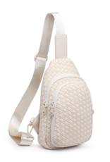 SOL & SELENE Beyond The Horizon Woven Neoprene Sling Backpack in Cream SOL & SELENE Beyond The Horizon Woven Neoprene Sling Backpack in Cream
