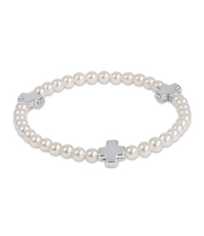 Signature Cross Silver Pattern Bead Bracelet - 4mm Pearl/Silver