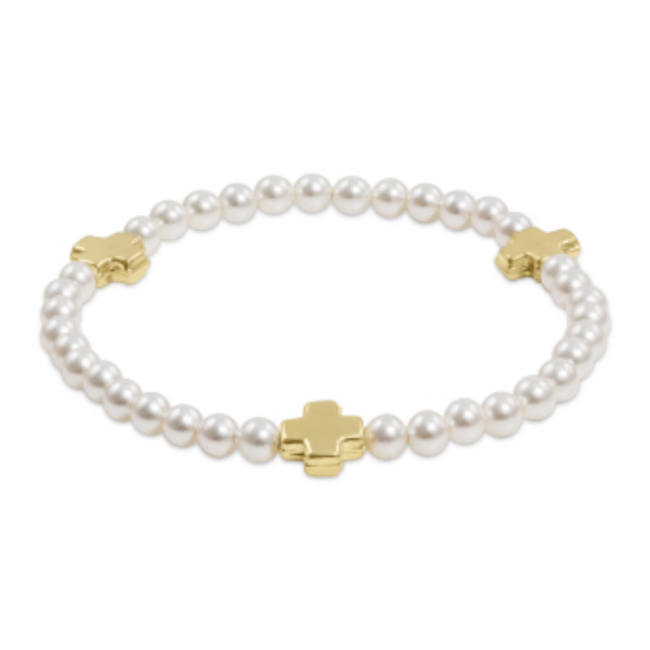 Signature Cross Gold Pattern Bead Bracelet - 4mm Pearl/Gold