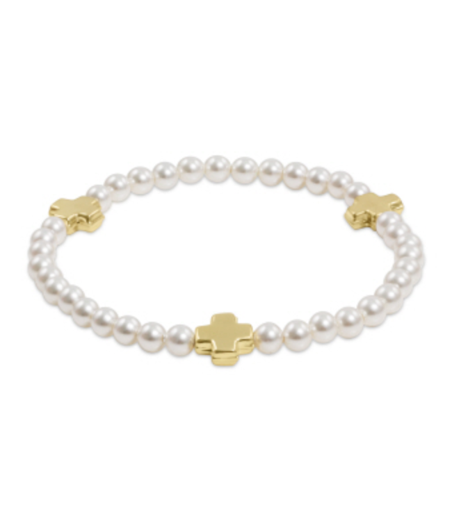 Signature Cross Gold Pattern Bead Bracelet - 4mm Pearl/Gold
