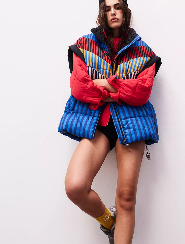 FREE PEOPLE MOVEMENT In A Bubble Printed Puffer Vest in Chevron Camper Blue Combo