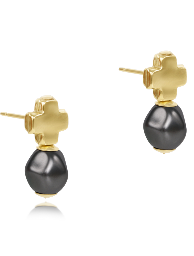 ENEWTON DESIGN Signature Cross Gold Stud Earrings - Dark Grey Pearl