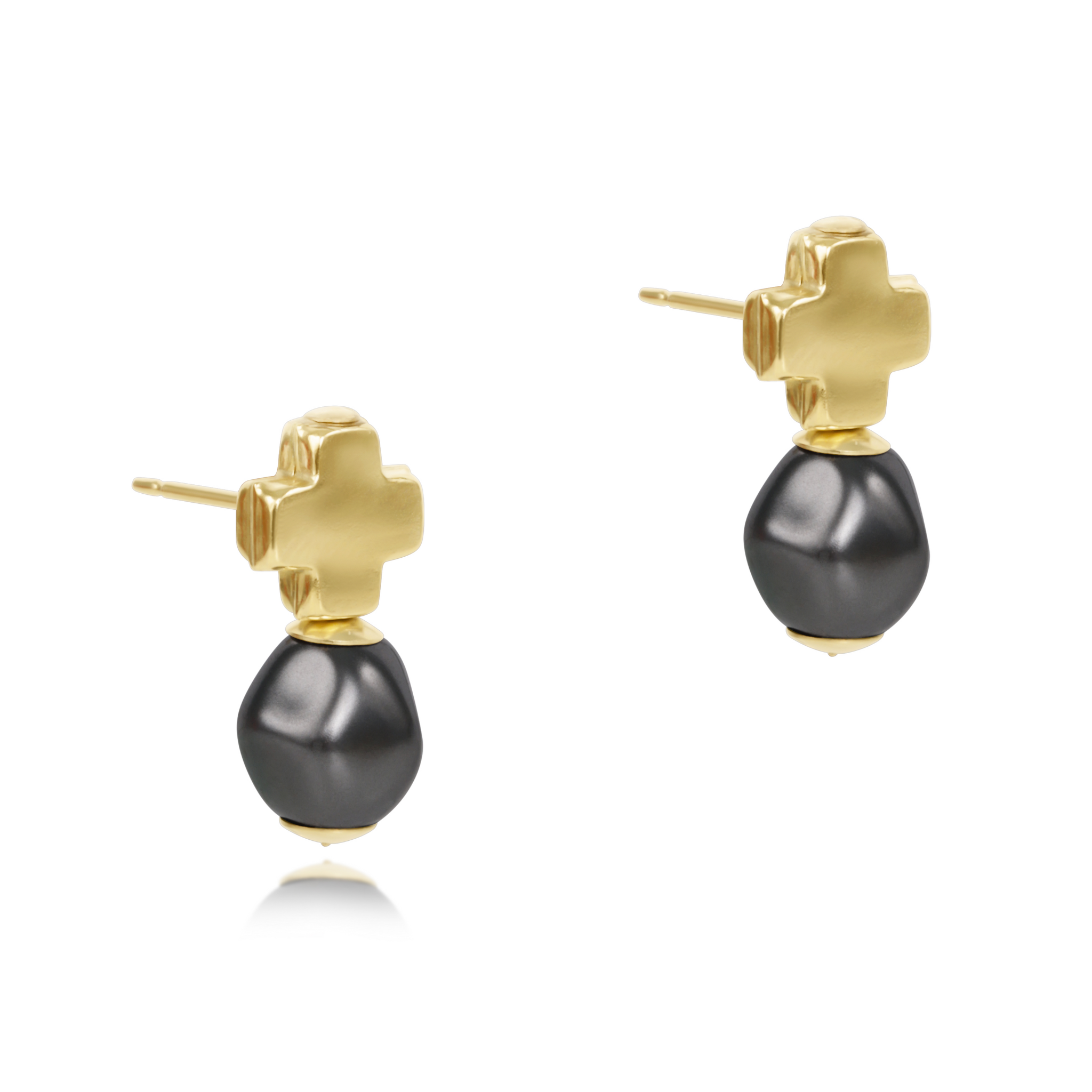eNewton Signature Cross Gold Stud Earrings Dark Grey Pearl Her
