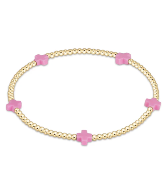 Small Signature Cross Gold Pattern 2mm Bead Bracelet - Bright Pink