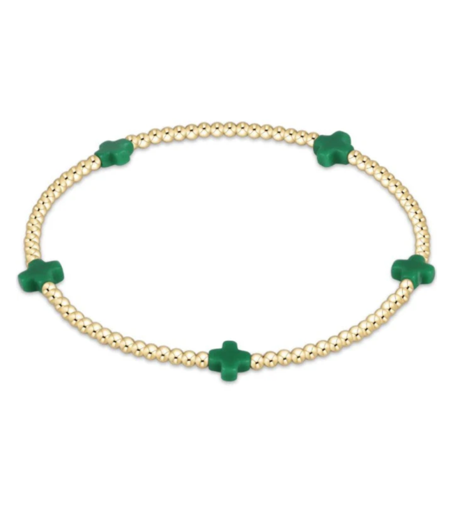 Small Signature Cross Gold Pattern 2mm Bead Bracelet - Emerald