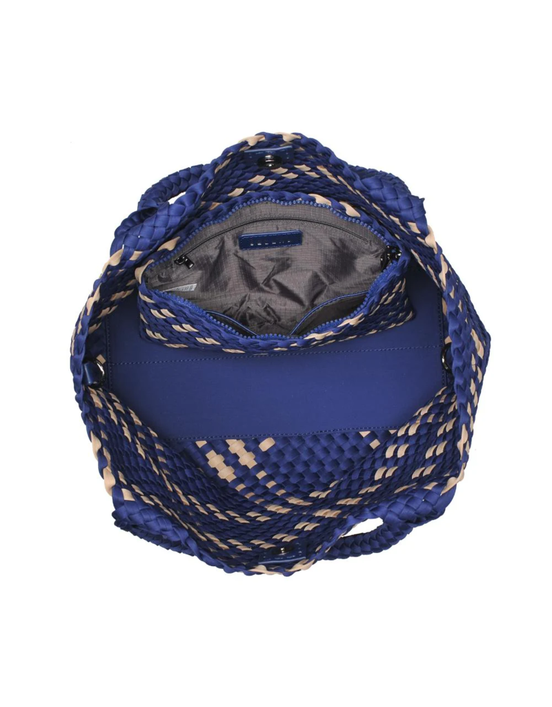 SOL & SELENE Sky's The Limit Woven Neoprene Medium Tote in Navy & Nude