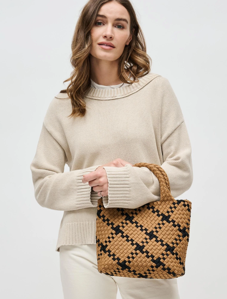 SOL & SELENE Sky's The Limit Woven Neoprene Small Tote in Sand & Black