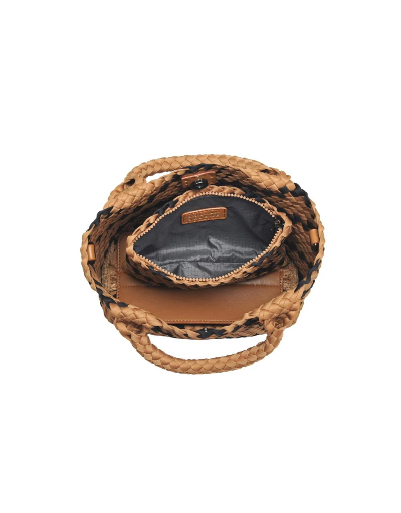 SOL & SELENE Sky's The Limit Woven Neoprene Small Tote in Sand & Black