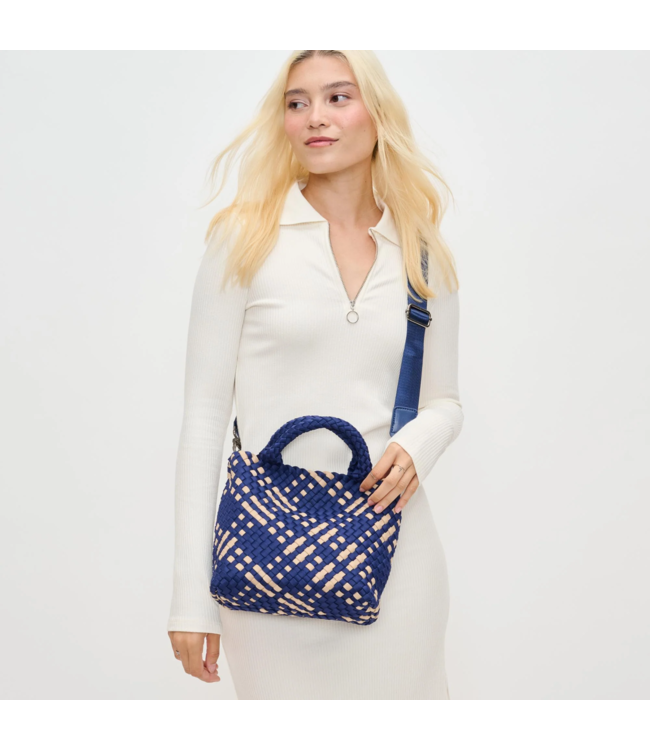 Sky's The Limit Woven Neoprene Small Tote in Navy & Nude