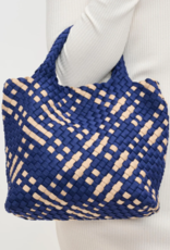 SOL & SELENE Sky's The Limit Woven Neoprene Small Tote in Navy & Nude SOL & SELENE Sky's The Limit Woven Neoprene Small Tote in Navy & Nude