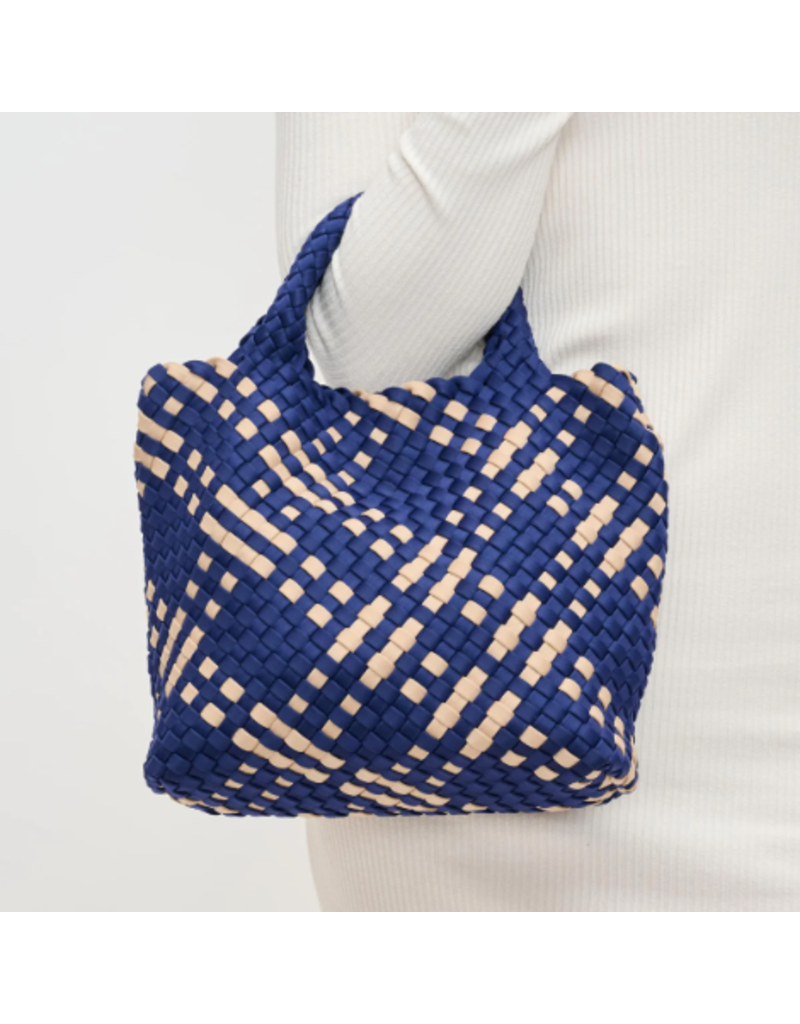 SOL & SELENE Sky's The Limit Woven Neoprene Small Tote in Navy & Nude