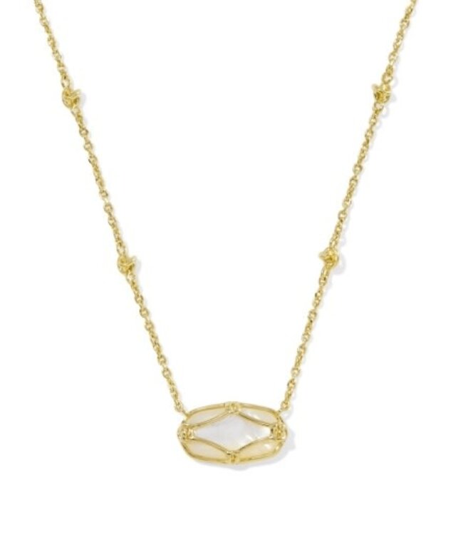 Elisa Lattice Frame Gold Short Pendant Necklace in Light Green Mother-of-Pearl