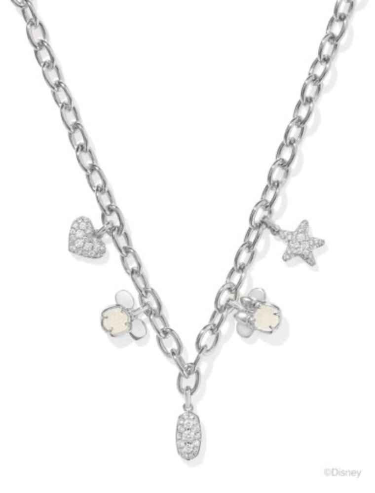 KENDRA SCOTT DESIGN Disney x Kendra Scott Silver Mickey Mouse and Minnie Mouse Charm Necklace in Iridescent White Mix