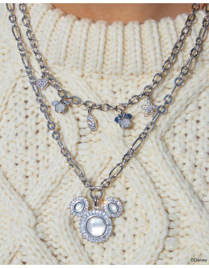 KENDRA SCOTT DESIGN Disney x Kendra Scott Silver Mickey Mouse and Minnie Mouse Charm Necklace in Iridescent White Mix