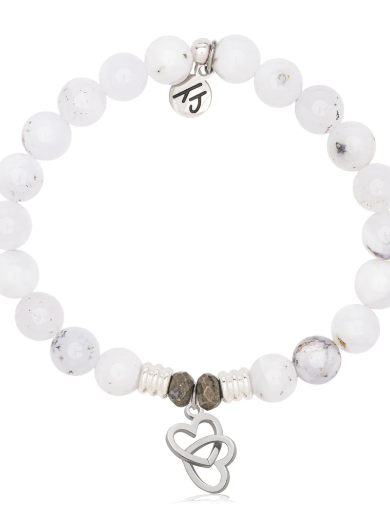 TJAZELLE Linked Hearts Bracelet in White Chalcedony & Silver