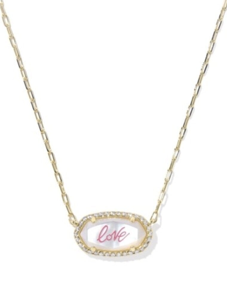 KENDRA SCOTT DESIGN Elisa Pave Frame Gold Short Pendant Necklace in Ivory Mother-of-Pearl Love Script