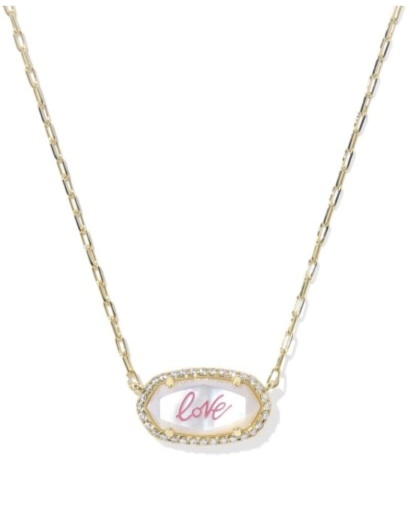KENDRA SCOTT DESIGN Elisa Pave Frame Gold Short Pendant Necklace in Ivory Mother-of-Pearl Love Script