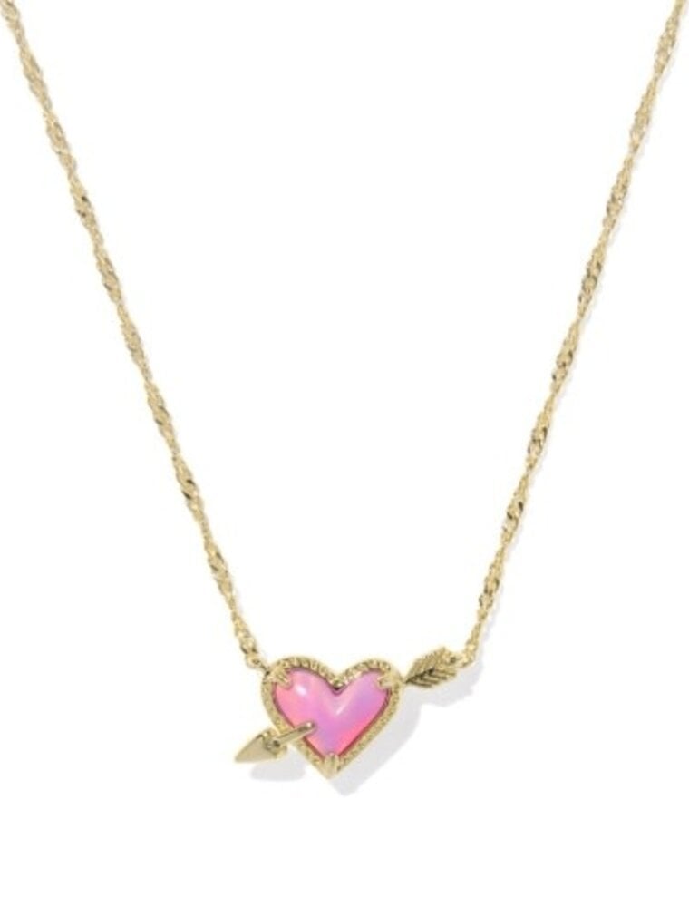 KENDRA SCOTT DESIGN Ari Heart Arrow Gold Short Pendant Necklace in Pink Opalescent Resin