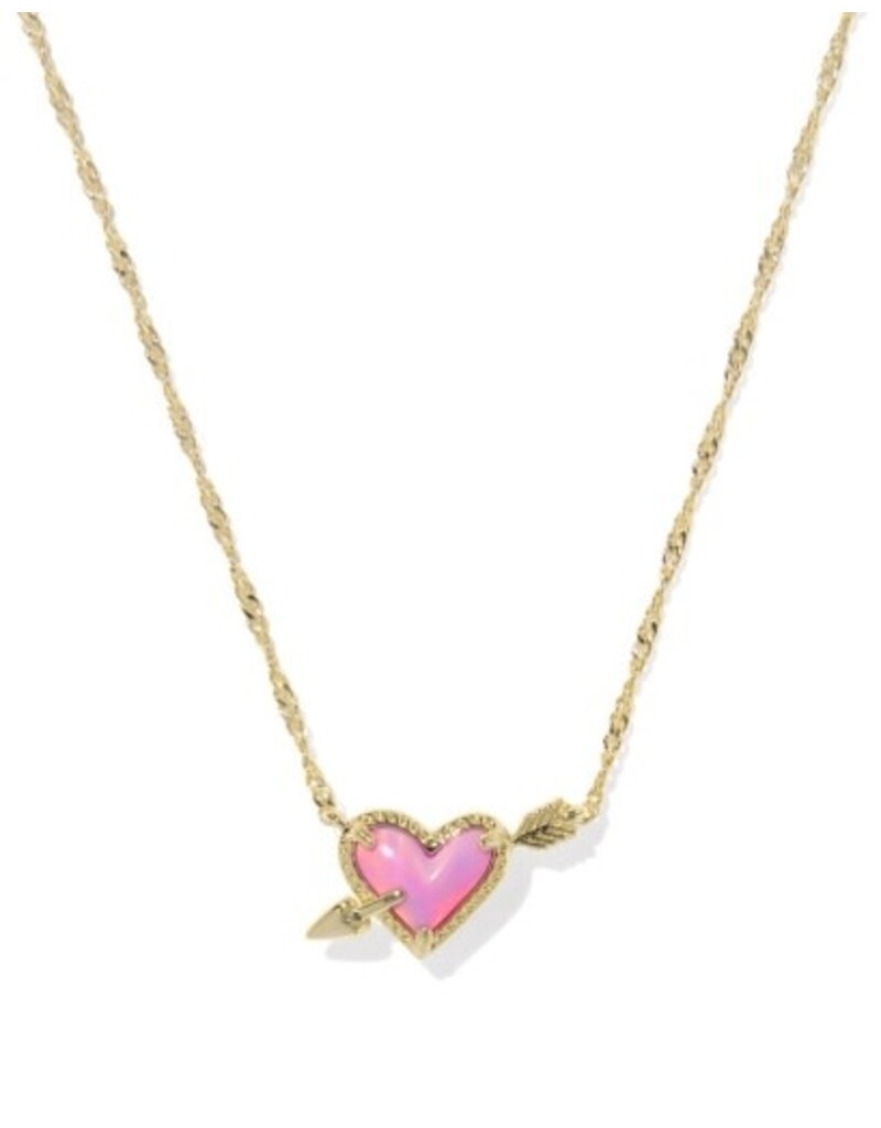KENDRA SCOTT DESIGN Ari Heart Arrow Gold Short Pendant Necklace in Pink Opalescent Resin