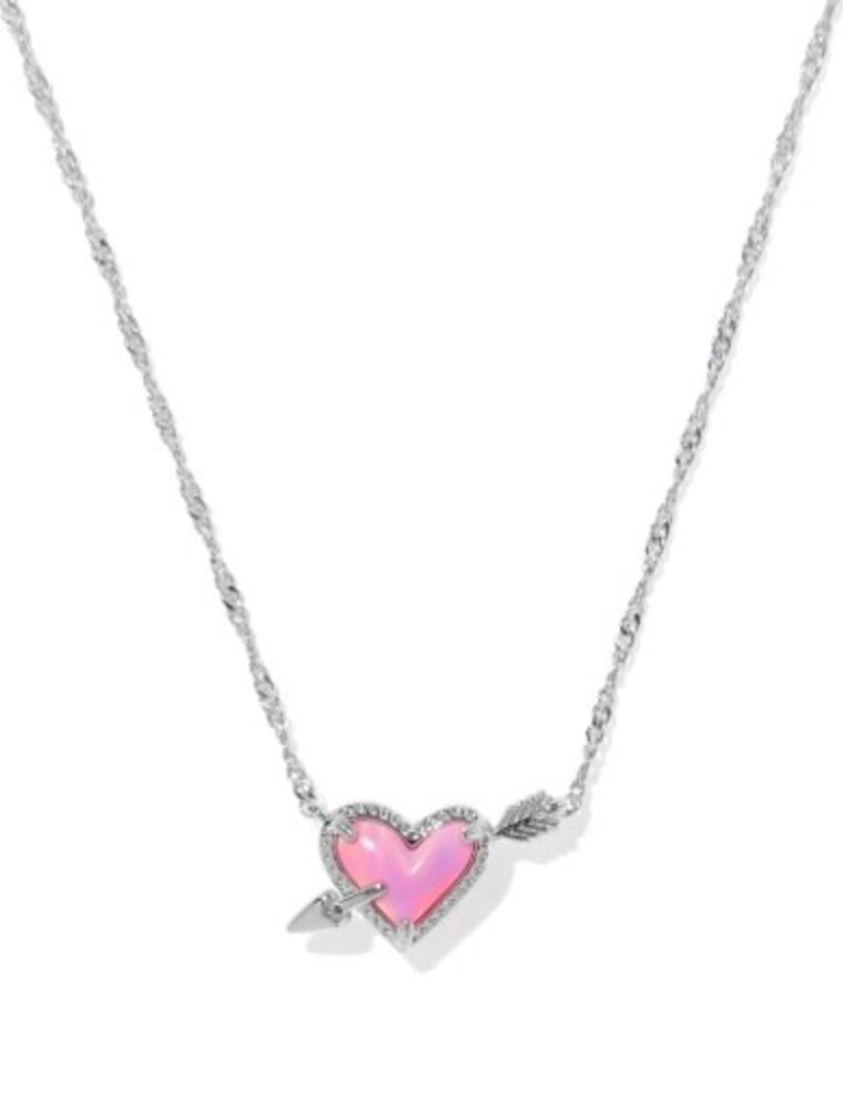 KENDRA SCOTT DESIGN Ari Heart Arrow Silver Short Pendant Necklace in Pink Opalescent Resin