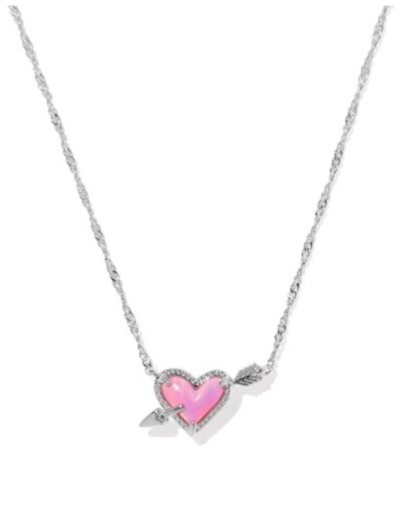 KENDRA SCOTT DESIGN Ari Heart Arrow Silver Short Pendant Necklace in Pink Opalescent Resin