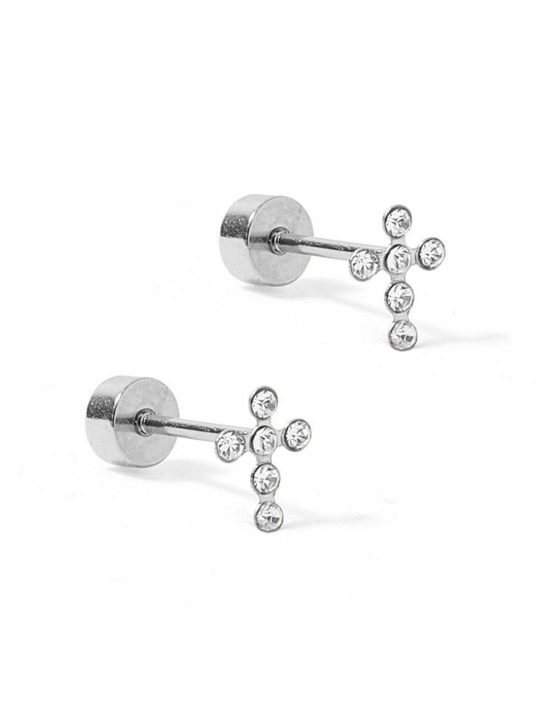 LINNY & CO Clara Cross Sparkle Silver Screwback Stud Earrings