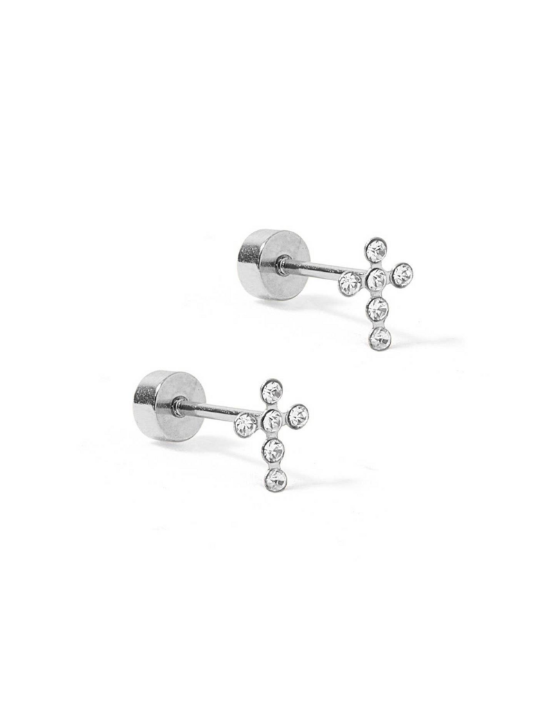 LINNY & CO Clara Cross Sparkle Silver Screwback Stud Earrings