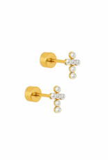 LINNY & CO Clara Cross Pearl Gold Screwback Stud Earrings