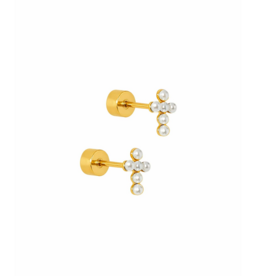 LINNY & CO Clara Cross Pearl Gold Screwback Stud Earrings