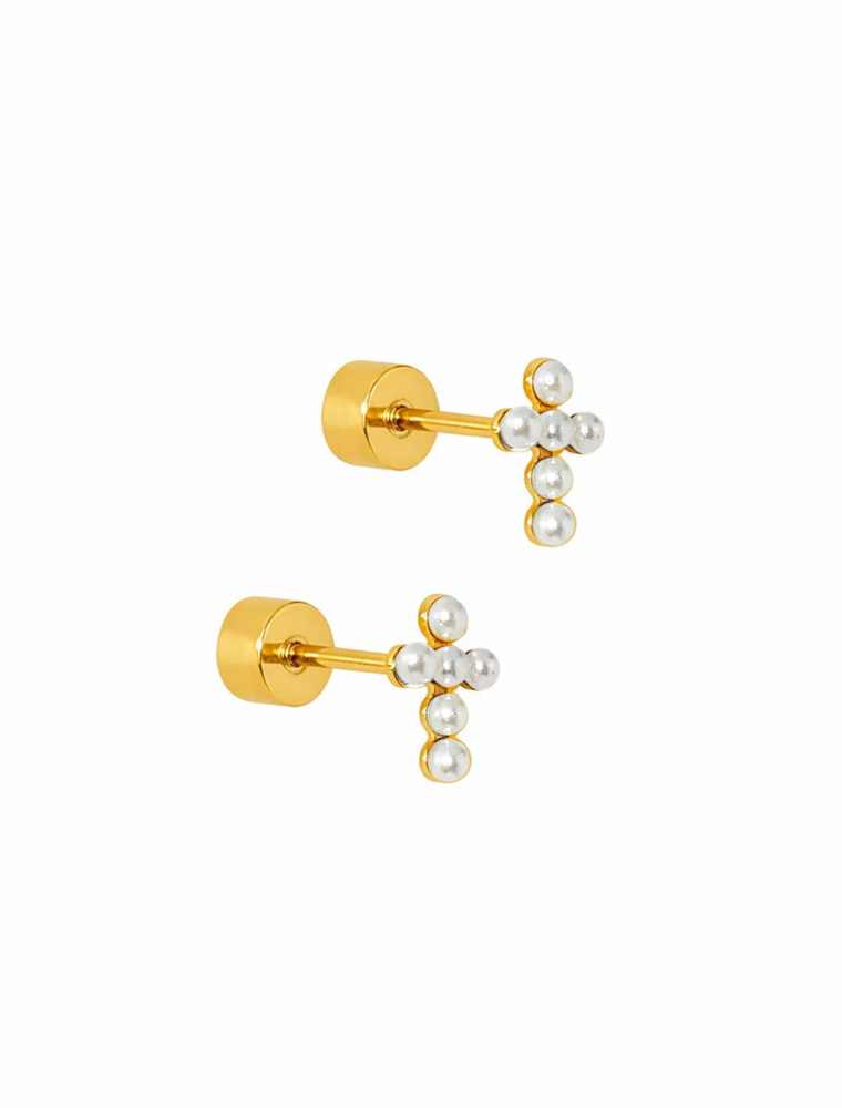 LINNY & CO Clara Cross Pearl Gold Screwback Stud Earrings