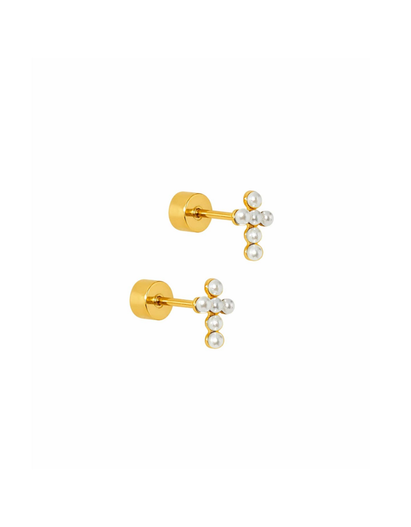 LINNY & CO Clara Cross Pearl Gold Screwback Stud Earrings