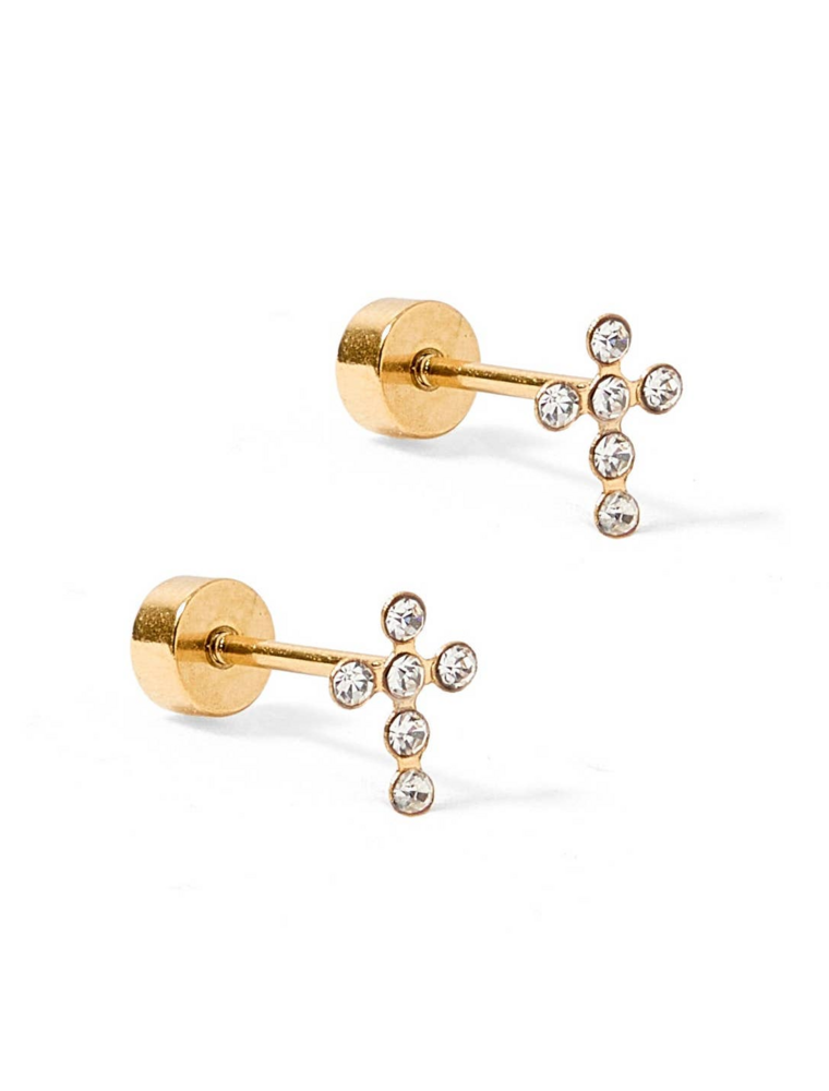 LINNY & CO Clara Cross Sparkle Gold Screwback Stud Earrings