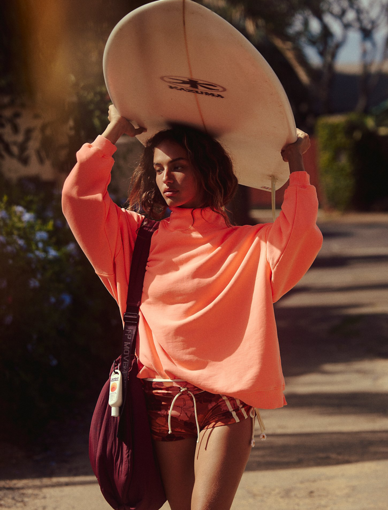 FREE PEOPLE MOVEMENT A Cut Above Mock Neck Pullover Sweatshirt in Neon Coral