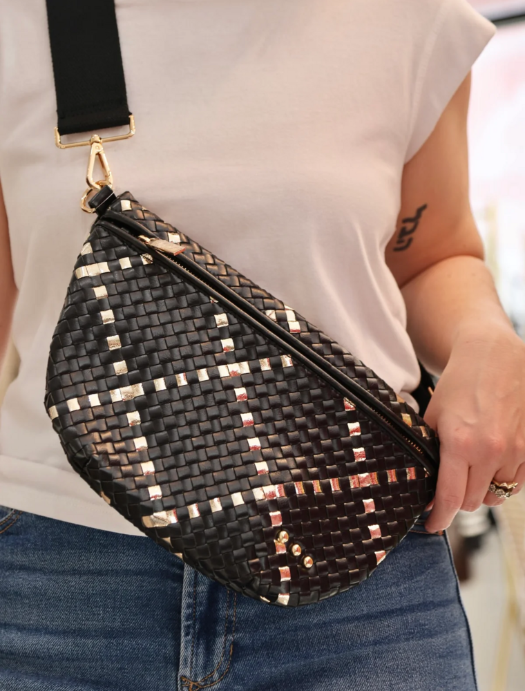 PRETTY SIMPLE Woven Westlyn Bum Bag in Gold Metallic Diamond Black