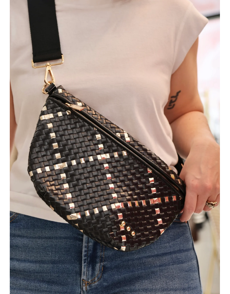 PRETTY SIMPLE Woven Westlyn Bum Bag in Gold Metallic Diamond Black