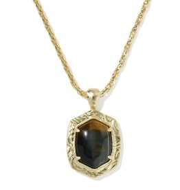 KENDRA SCOTT DESIGN Tiger Striped Daphne Gold Small Long Pendant Necklace in Dark Brown Hawk's Eye