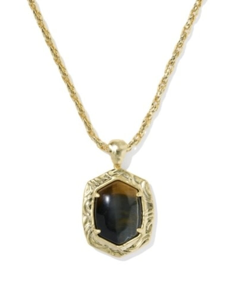 KENDRA SCOTT DESIGN Tiger Striped Daphne Gold Small Long Pendant Necklace in Dark Brown Hawk's Eye
