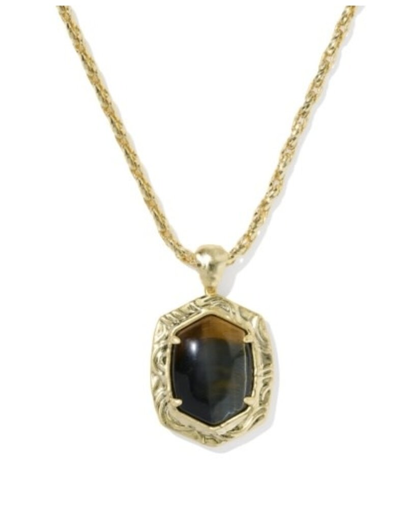 KENDRA SCOTT DESIGN Tiger Striped Daphne Gold Small Long Pendant Necklace in Dark Brown Hawk's Eye