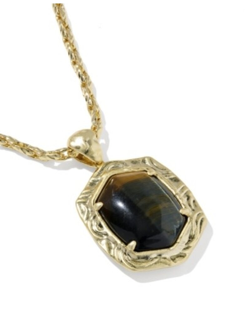 KENDRA SCOTT DESIGN Tiger Striped Daphne Gold Small Long Pendant Necklace in Dark Brown Hawk's Eye