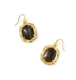 KENDRA SCOTT DESIGN Tiger Striped Daphne Gold Drop Earrings in Dark Brown Hawk's Eye