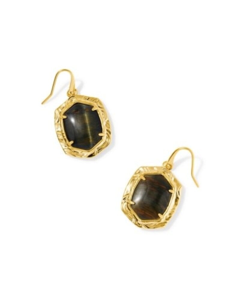 KENDRA SCOTT DESIGN Tiger Striped Daphne Gold Drop Earrings in Dark Brown Hawk's Eye