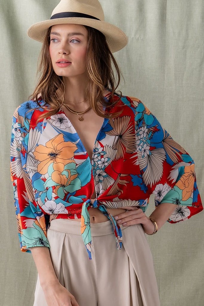 Floral 3/4 Sleeve Roll Up Shirt
