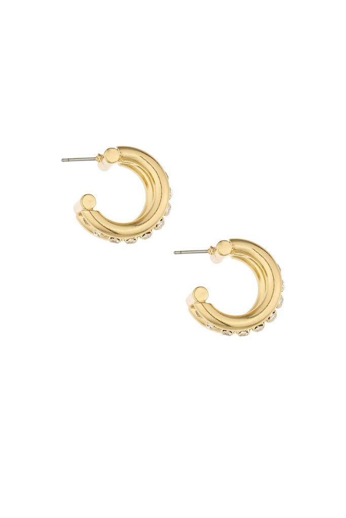 Thick Crystal Accent 18k Gold Plated Huggie Earrings