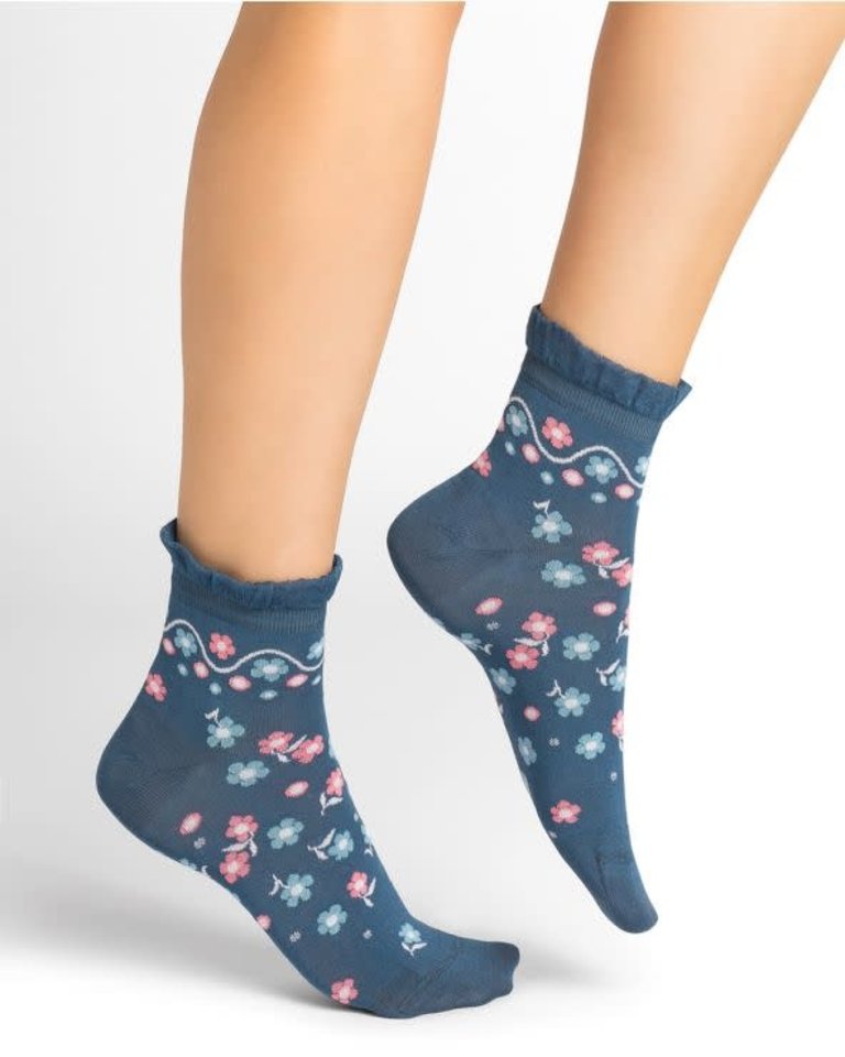 Bleu Foret Ocean Mercerized Cotton Ankle Sock with Smock Flower