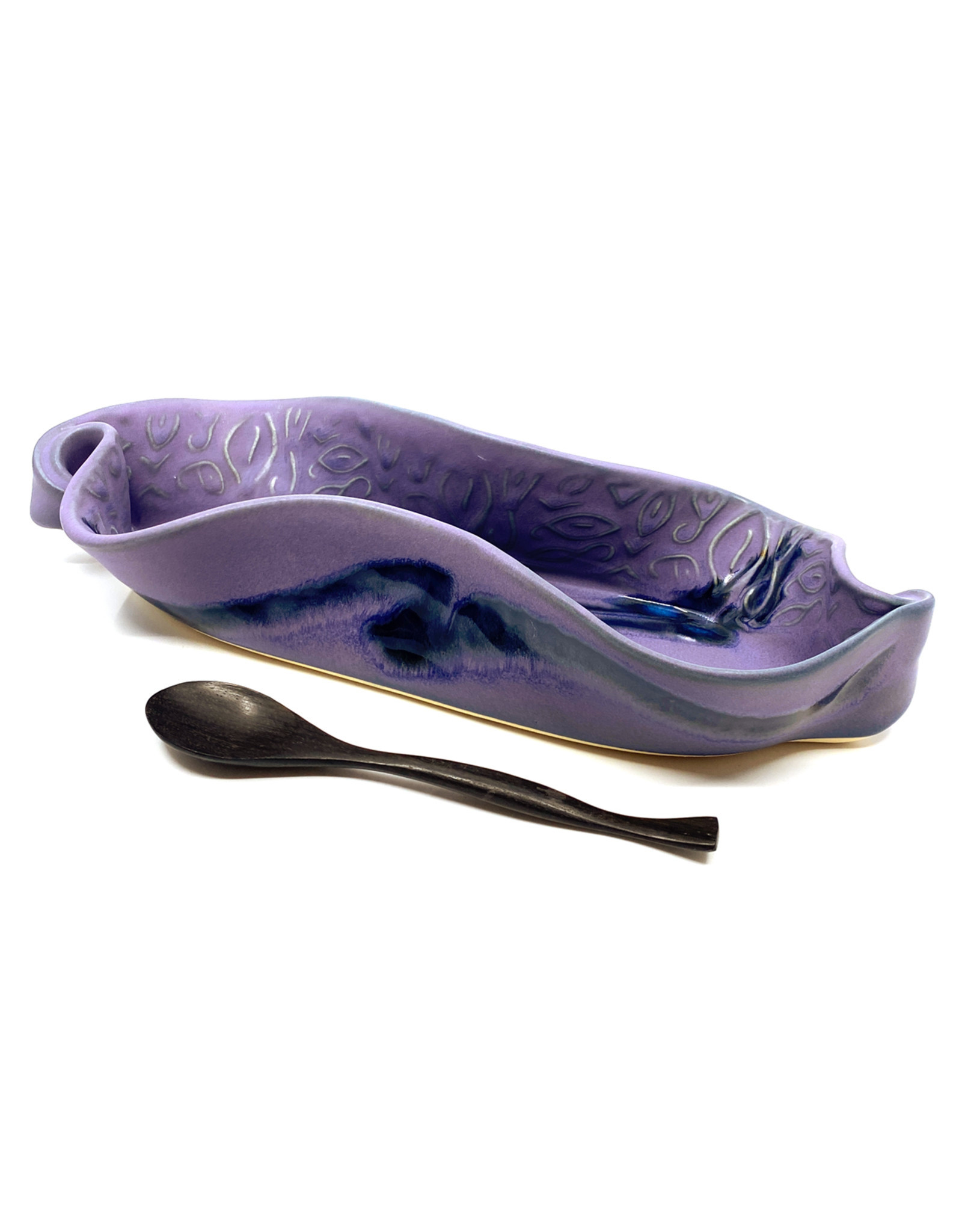 HILBORN POTTERY PERIWINKLE ASPARAGUS DISH WITH SPOON