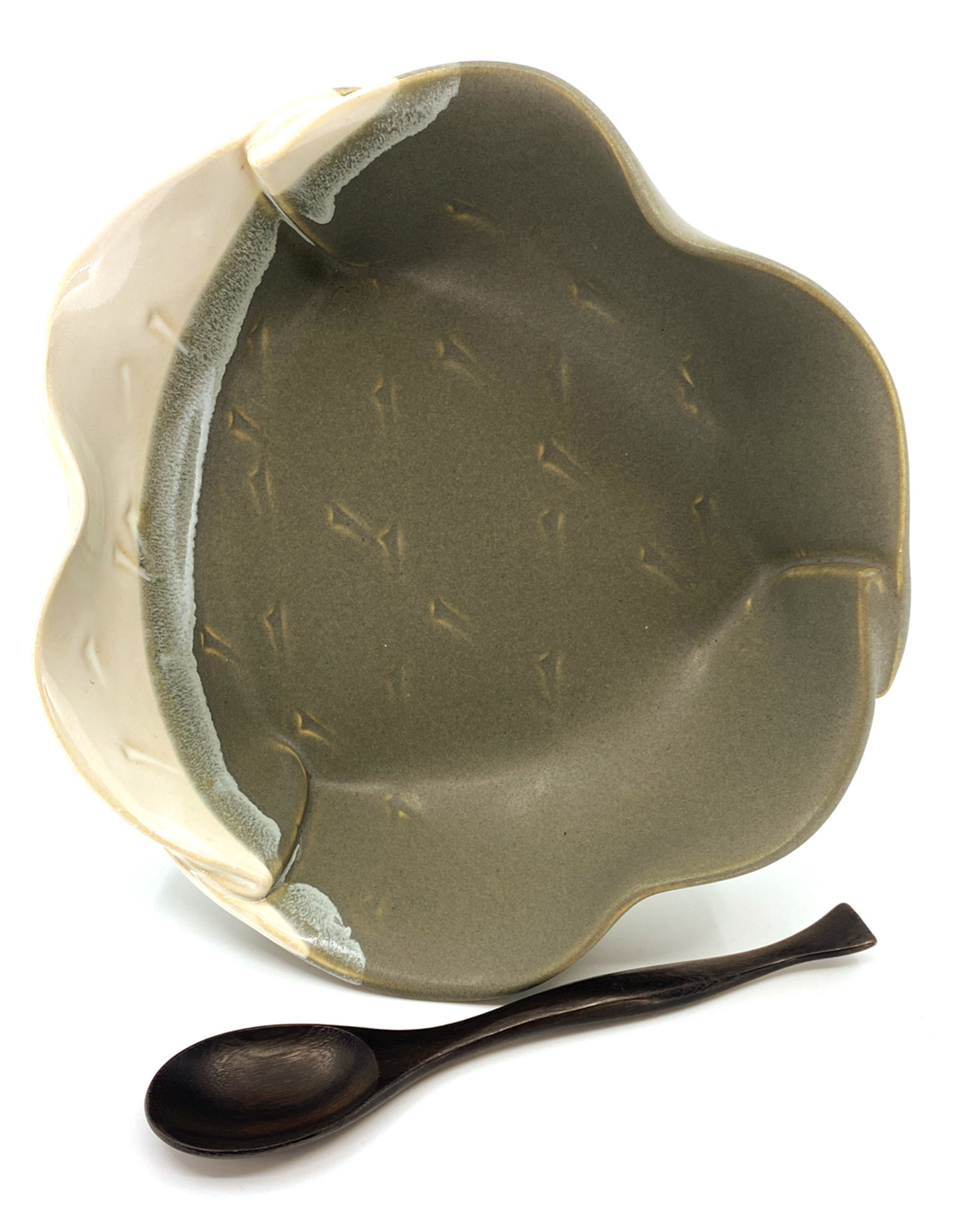 HILBORN POTTERY GRAY & WHITE BRIE DISH WITH SPOON