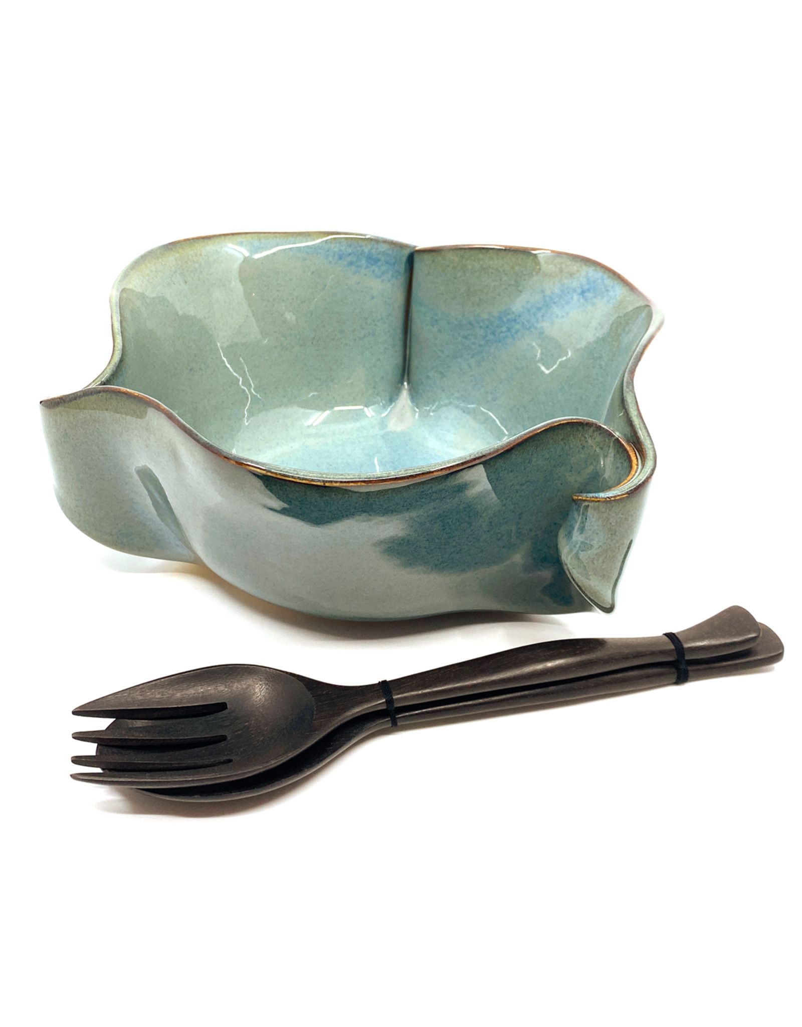 HILBORN POTTERY LARGE BLUE MEDLEY CURLY BOWL WITH SERVERS