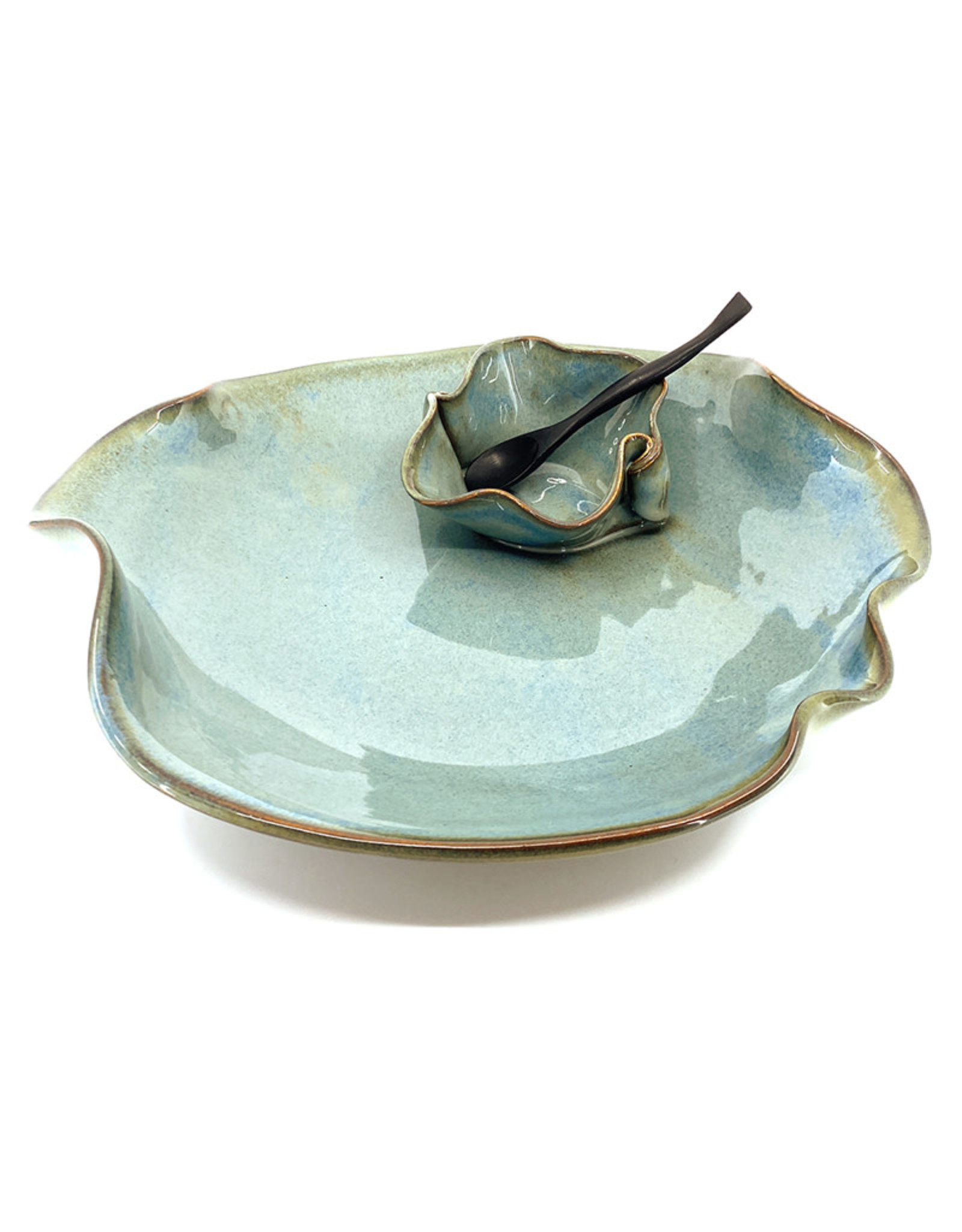 HILBORN POTTERY BLUE MEDLEY SMALL DIP SET WITH SPOON