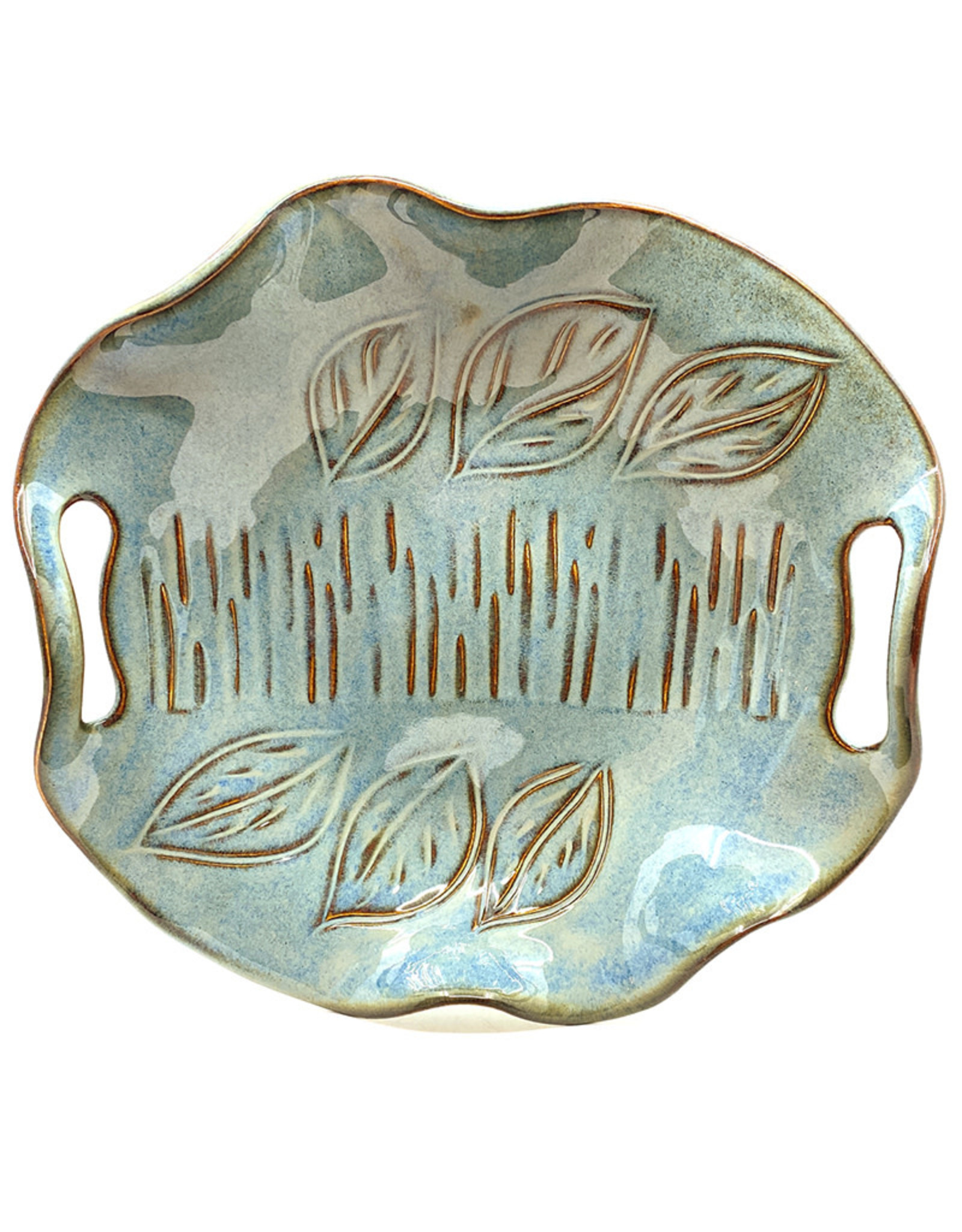 HILBORN POTTERY BLUE MEDLEY PLATTER WITH CUT-OUT HANDLES