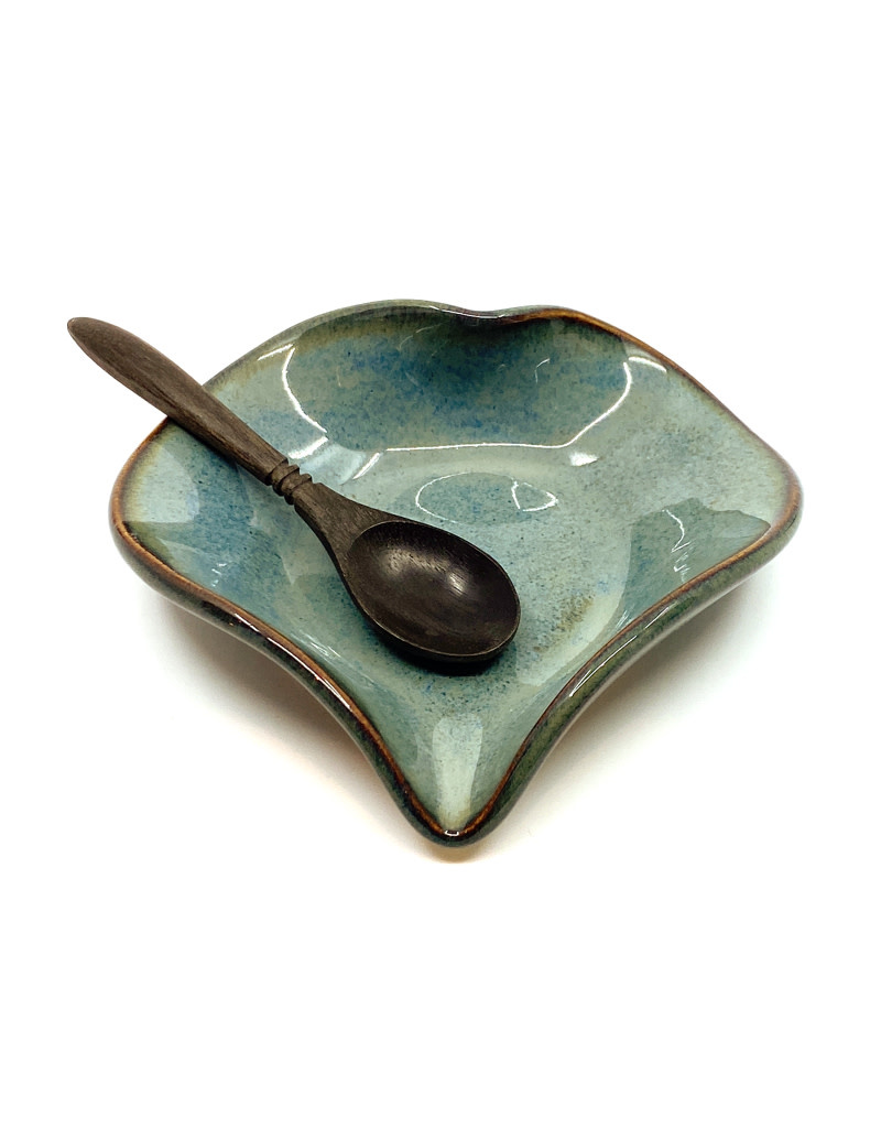 HILBORN POTTERY BLUE MEDLEY PISTACHIO BOWL WITH SPOON